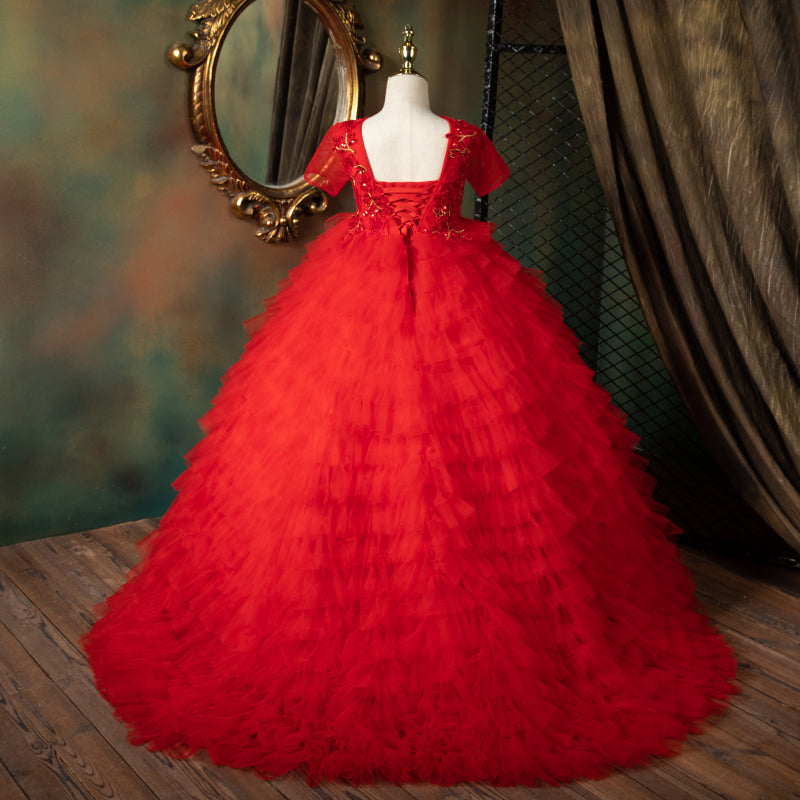 Red Sequined Tulle A-Line Flower Girl Dress Puff Sleeve