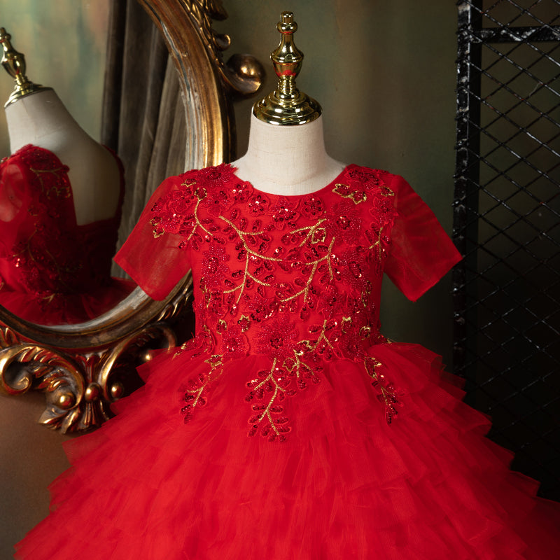 Red Sequined Tulle A-Line Flower Girl Dress Puff Sleeve