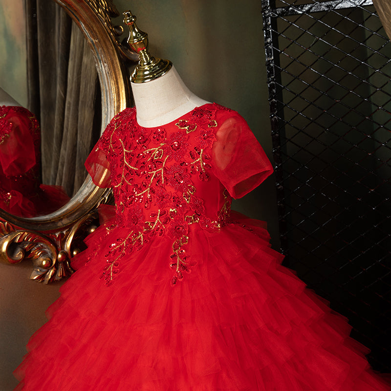Red Sequined Tulle A-Line Flower Girl Dress Puff Sleeve