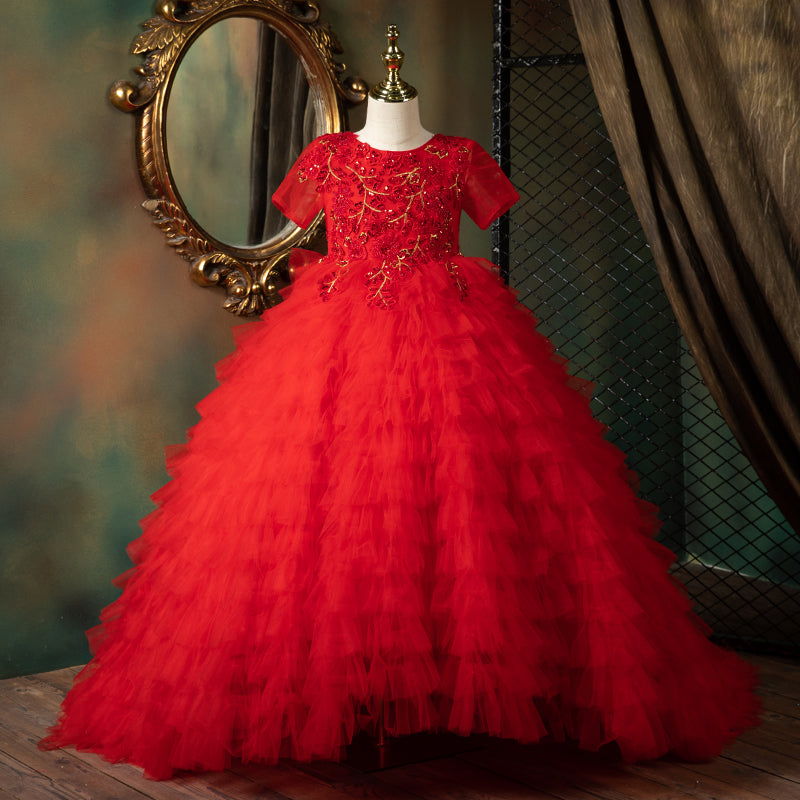 Red Sequined Tulle A-Line Flower Girl Dress Puff Sleeve