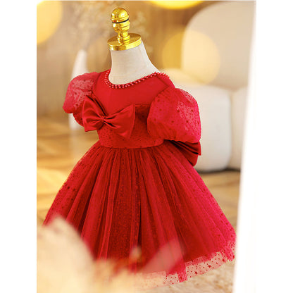 Red Tulle A-Line Tea Length Flower Girl Dress Bow Puff Sleeve