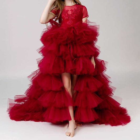 Red Tulle Ball Gown Flower Girl Dress – Tiered Appliqué Princess Party Gown
