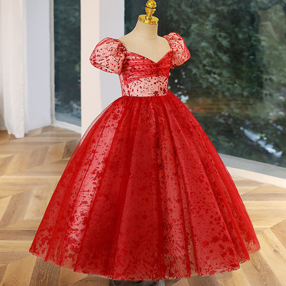 Red Tulle Princess Flower Girl Dress Sequin Pleated Puff Sleeve