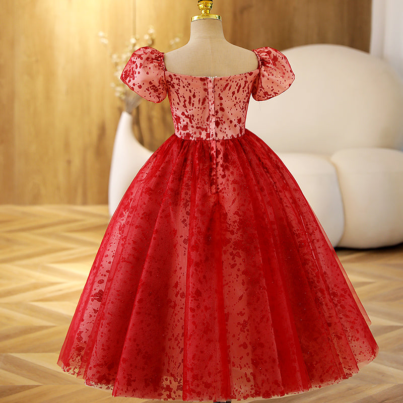 Red Tulle Princess Flower Girl Dress Sequin Pleated Puff Sleeve