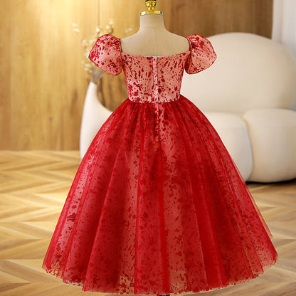 Red Tulle Princess Flower Girl Dress Sequin Pleated Puff Sleeve