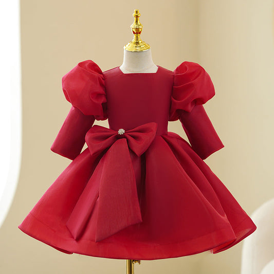 Red Tulle Princess Flower Girl Dress Square Neck Puff Sleeve