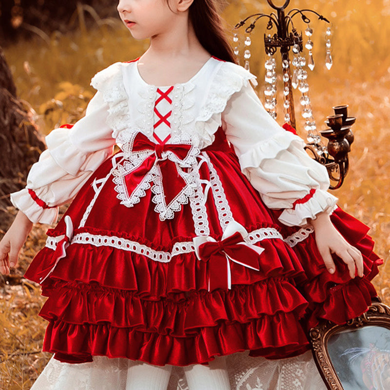 Red Velvet Flower Girl Dress: Boat Neck Lace Ruffles