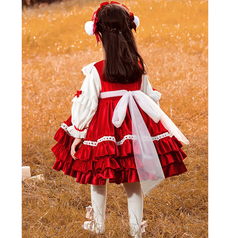 Red Velvet Flower Girl Dress: Boat Neck Lace Ruffles