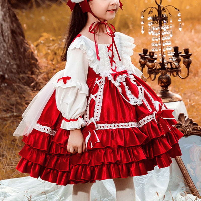 Red Velvet Flower Girl Dress: Boat Neck Lace Ruffles