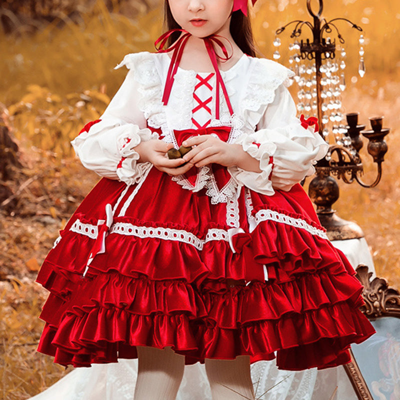 Red Velvet Flower Girl Dress: Boat Neck Lace Ruffles