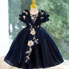 Royal Blue A-Line Flower Girl Dress with Sequins & Puff Sleeves