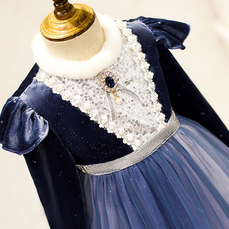 Royal Blue Tulle Lace Flower Girl Dress | Long Sleeves