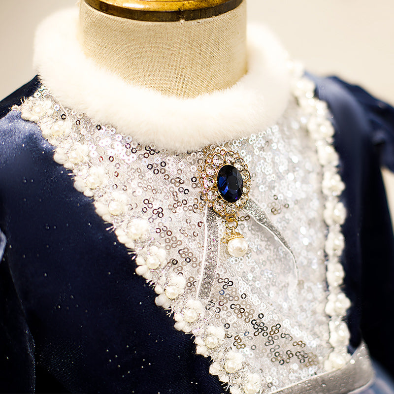 Royal Blue Tulle Lace Flower Girl Dress | Long Sleeves