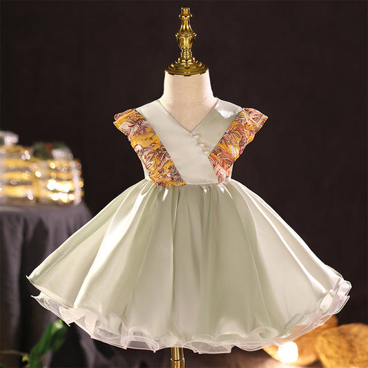Sage Green A-line Tea-Length Flower Girl Dress with Bows
