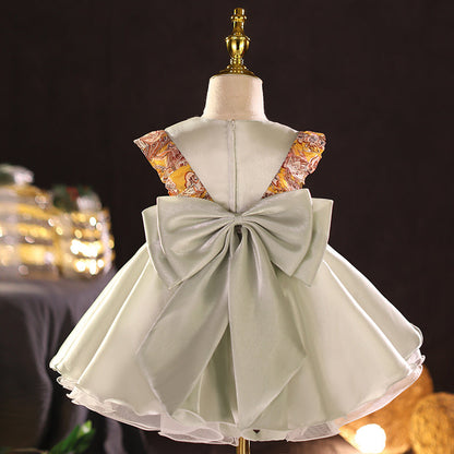 Sage Green A-line Tea-Length Flower Girl Dress with Bows