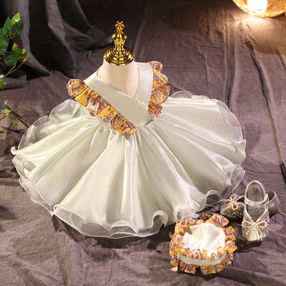 Sage Green A-line Tea-Length Flower Girl Dress with Bows
