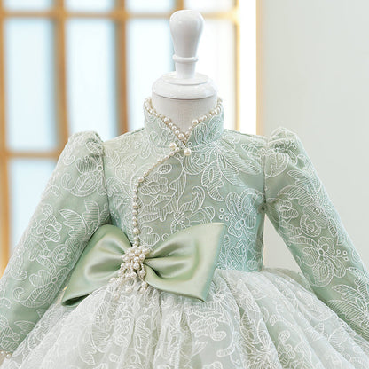 Sage Green Lace A-Line Flower Girl Dress Mock Neck Long Sleeve