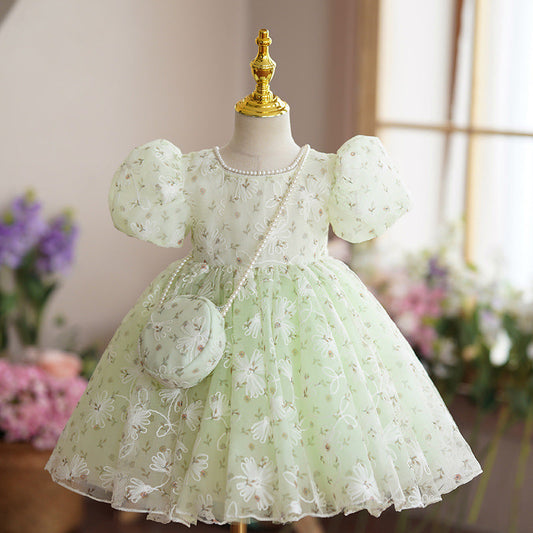 Sage Green Lace Princess Flower Girl Dress Beaded Boat Neck