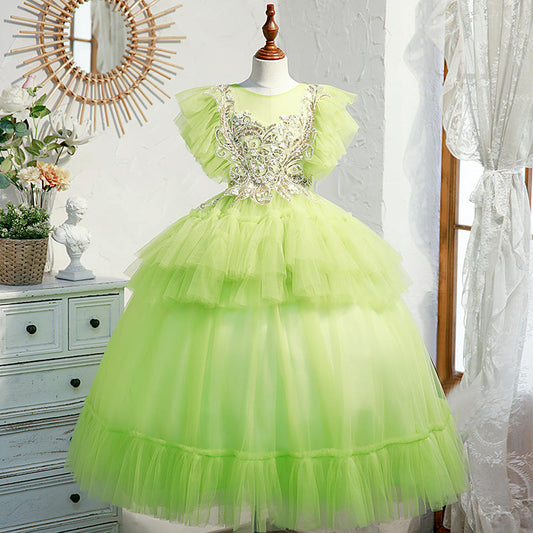 Sage Green Lace Tulle Princess Flower Girl Dress Cap Sleeve
