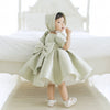 Sage Green Princess Flower Girl Dress with Puff Sleeves & Bows