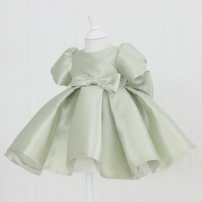 Sage Green Princess Flower Girl Dress with Puff Sleeves & Bows