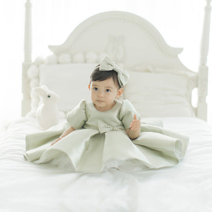 Sage Green Princess Flower Girl Dress with Puff Sleeves & Bows