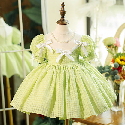 Sage Green Princess Flower Girl Dress with Puff Sleeves
