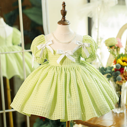 Sage Green Princess Flower Girl Dress with Puff Sleeves