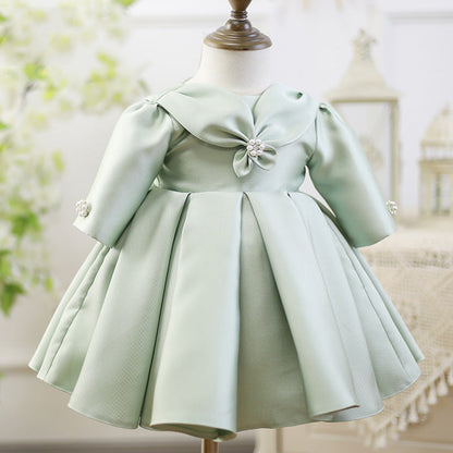 Sage Green Princess Flower Girl Dress: Long Sleeve Ruffles