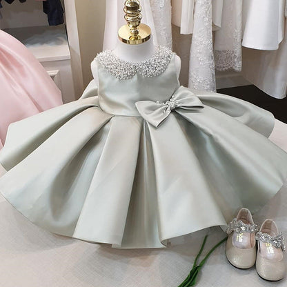 Sage Green Princess Satin Flower Girl Dress with Cascading Ruffles