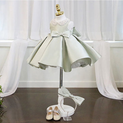 Sage Green Princess Satin Flower Girl Dress with Cascading Ruffles