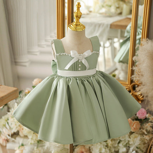 Sage Green Satin A-Line Flower Girl Dress - Beaded Ruffles