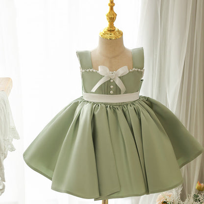 Sage Green Satin A-Line Flower Girl Dress - Beaded Ruffles