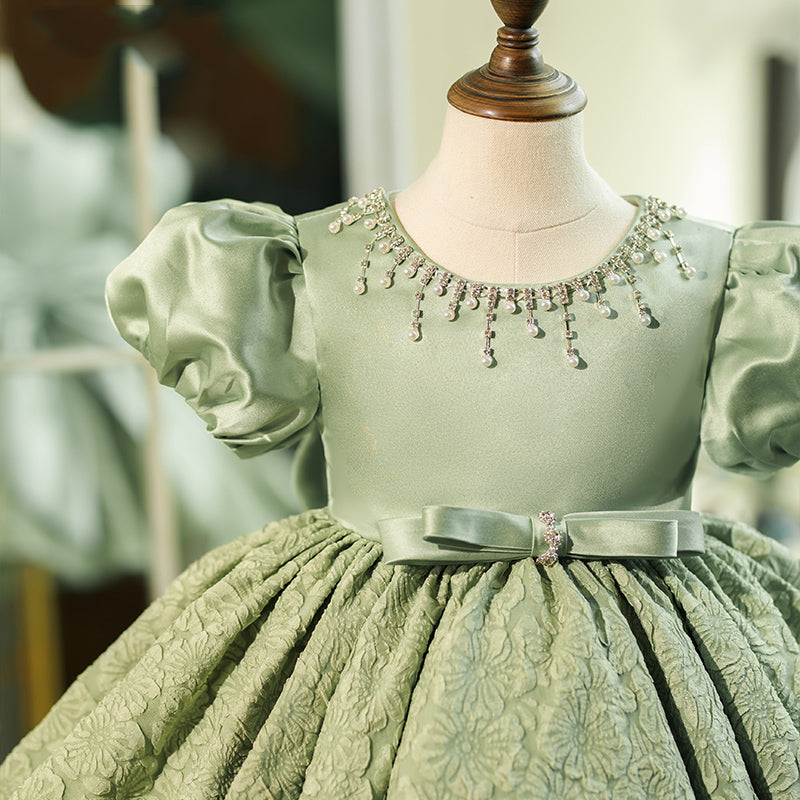 Sage Green Satin Lace Princess Flower Girl Dress Puff Sleeve