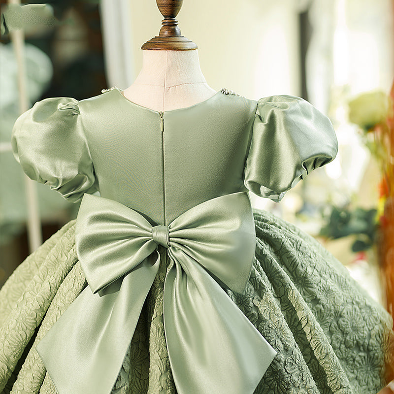 Sage Green Satin Lace Princess Flower Girl Dress Puff Sleeve