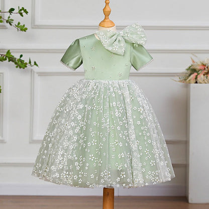Sage Green Satin Lace Princess Flower Girl Dress Short Sleeve