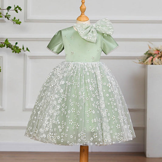 Sage Green Satin Lace Princess Flower Girl Dress Short Sleeve
