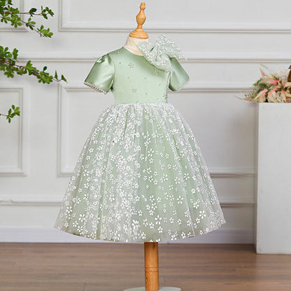 Sage Green Satin Lace Princess Flower Girl Dress Short Sleeve