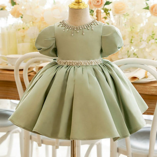 Sage Green Satin Princess Flower Girl Dress Beaded Puff Sleeve