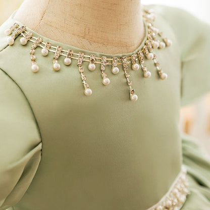 Sage Green Satin Princess Flower Girl Dress Beaded Puff Sleeve