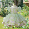 Sage Green Satin Tulle Princess Flower Girl Dress Beaded Bow