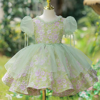 Sage Green Satin Tulle Princess Flower Girl Dress Beaded Bow