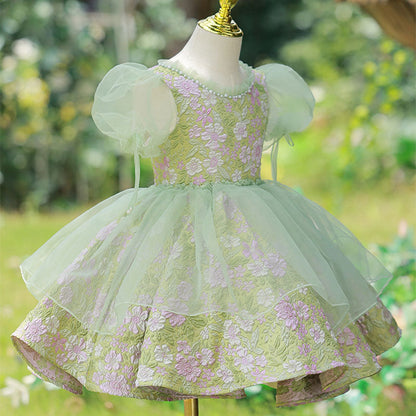 Sage Green Satin Tulle Princess Flower Girl Dress Beaded Bow