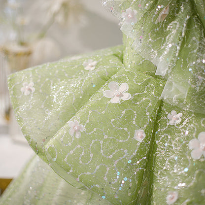 Sage Green Sequin A-Line Flower Girl Dress Lace V-Neck