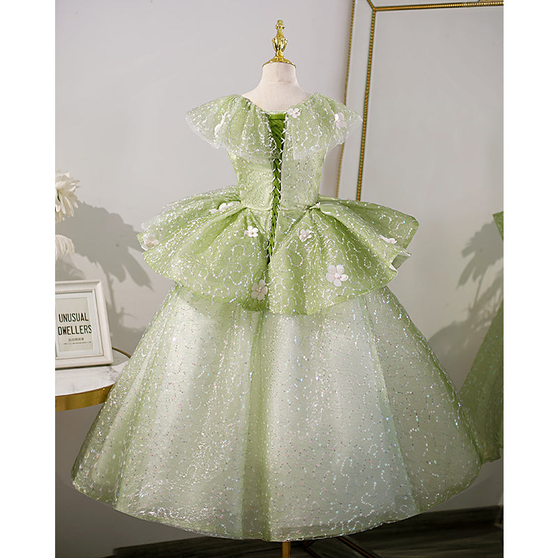 Sage Green Sequin A-Line Flower Girl Dress Lace V-Neck