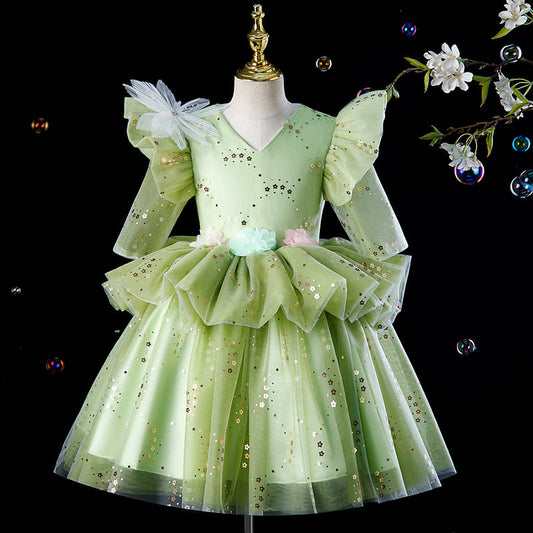 Sage Green Sequin A-Line Flower Girl Dress Long Sleeve Tea