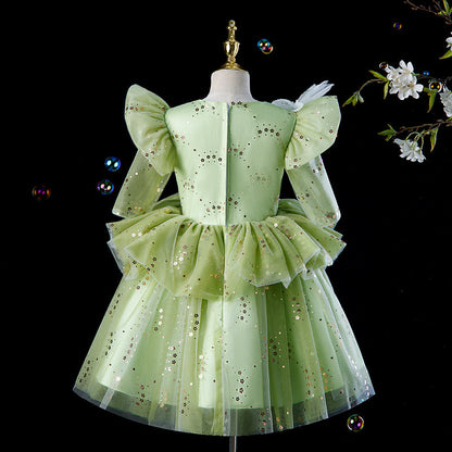 Sage Green Sequin A-Line Flower Girl Dress Long Sleeve Tea