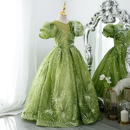 Sage Green Sequin Flower Girl Dress | Boat Neck & Flowers