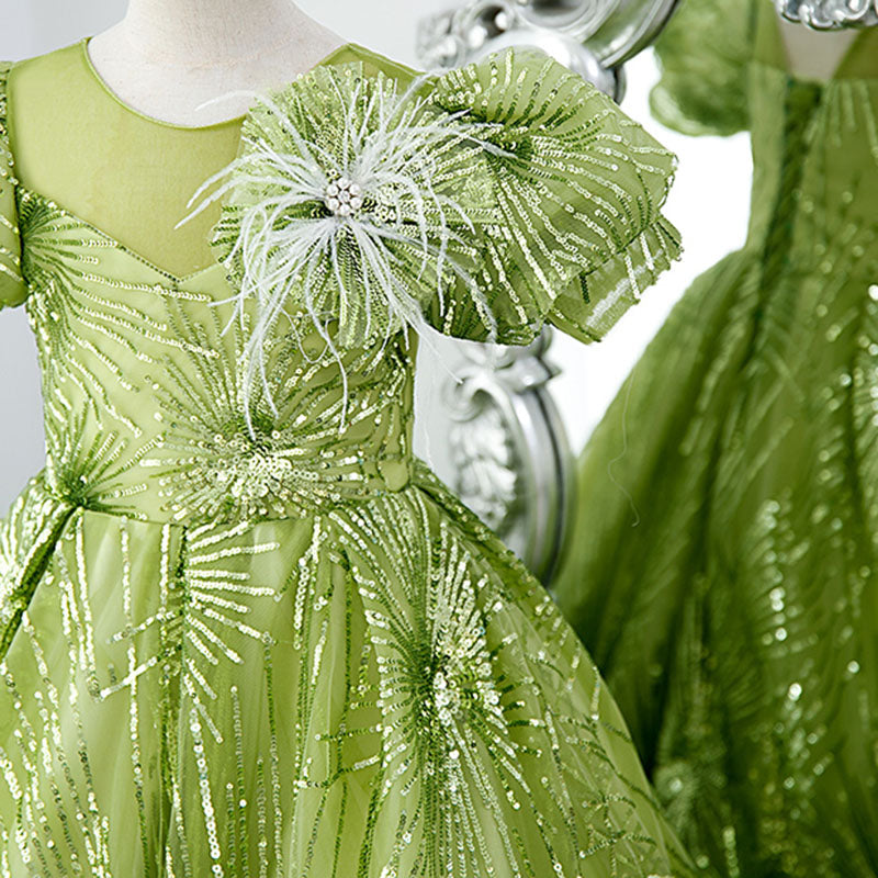 Sage Green Sequin Flower Girl Dress | Boat Neck & Flowers