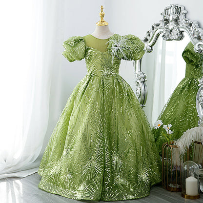 Sage Green Sequin Flower Girl Dress | Boat Neck & Flowers